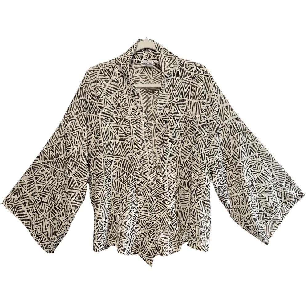 Chicos Womens Boho Geometric Burnout Button Kimono Light Jacket Brown Cream M/L